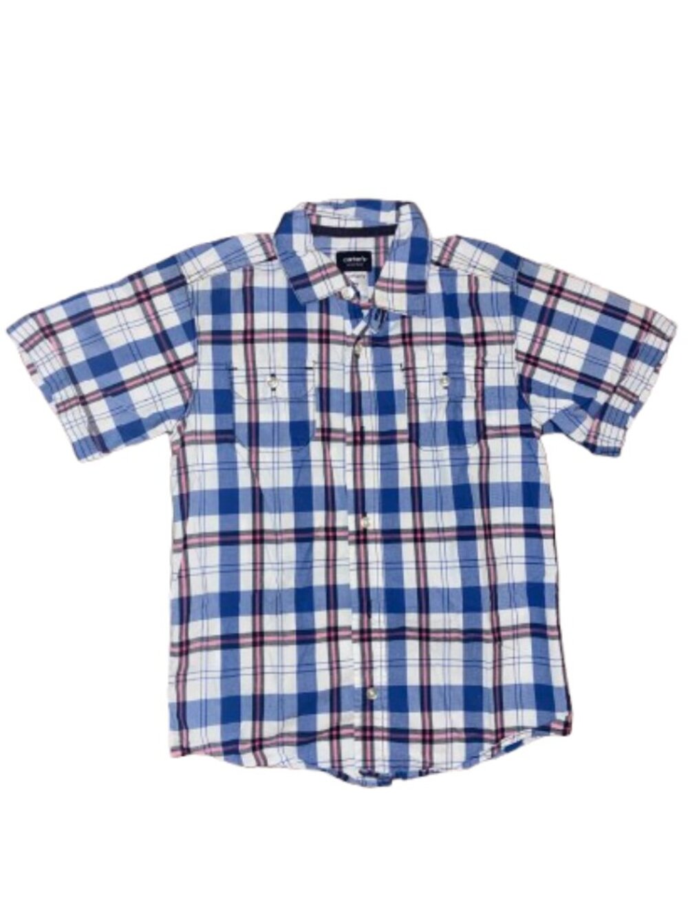 Carter's kids 7 button up shirt short sleeve plaid blue collared cotton